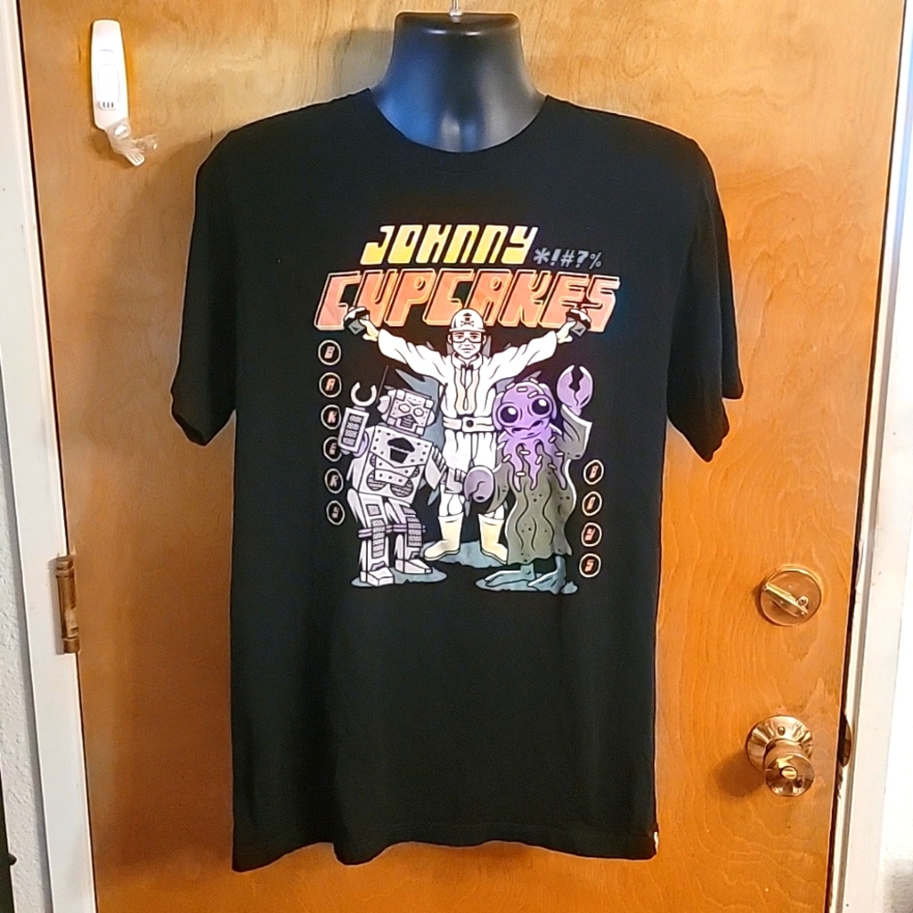 Johnny Cupcakes Black Graphic Tee with Yellow, Pink, Purple and Green Print